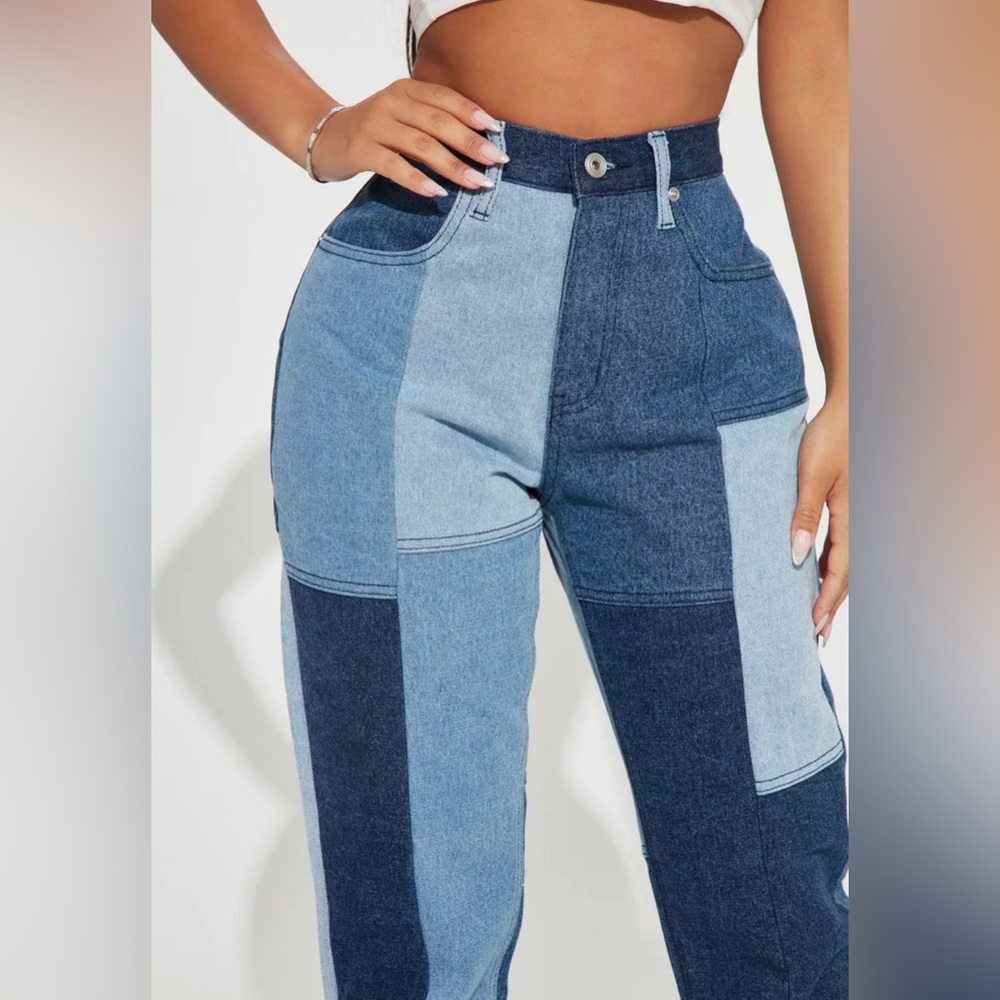 Fashion Nova Hey Girl Patchwork Denim Cropped & Jacket Straight Leg Jeans 14 XL - Picture 5 of 11